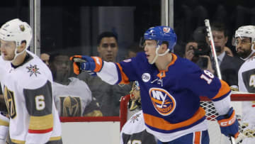 NEW YORK, NEW YORK - DECEMBER 12: Anthony Beauvillier #18 of the New York Islanders scores at 3:17 of the first period against the Vegas Golden Knights at the Barclays Center on December 12, 2018 in the Brooklyn borough of New York City. (Photo by Bruce Bennett/Getty Images)