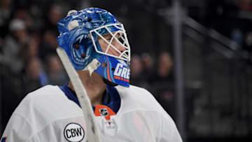 LAS VEGAS, NEVADA - DECEMBER 20: Thomas Greiss #1 of the New York Islanders takes a break during a stop in play in the second period of a game against the Vegas Golden Knights at T-Mobile Arena on December 20, 2018 in Las Vegas, Nevada. The Golden Knights defeated the Islanders 4-2. (Photo by Ethan Miller/Getty Images)