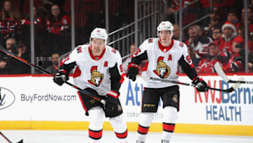 NEWARK, NEW JERSEY - DECEMBER 21: Mark Stone #61 and Matt Duchene #95 of the Ottawa Senators skate against the New Jersey Devils at the Prudential Center on December 21, 2018 in Newark, New Jersey. (Photo by Bruce Bennett/Getty Images)