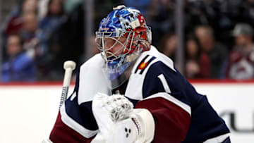 DENVER, COLORADO - DECEMBER 29: Semyon Varlamov #1of the Colorado Avalanche tends goal against the Chicago Blackhawks at the Pepsi Center on December 29, 2018 in Denver, Colorado. (Photo by Matthew Stockman/Getty Images)