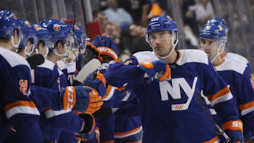 NEW YORK, NEW YORK - JANUARY 15: Johnny Boychuk #55 of the New York Islanders celebrates a goal during the game against the St. Louis Blues at the Barclays Center on January 15, 2019 in the Brooklyn borough of New York City. The Islanders defeated the Blues 2-1. (Photo by Bruce Bennett/Getty Images)
