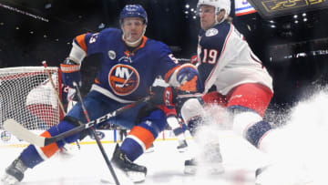 UNIONDALE, NEW YORK - MARCH 11: Casey Cizikas #53 of the New York Islanders skates against Ryan Dzingel #19 of the Columbus Blue Jackets at the NYCB Live's Nassau Coliseum on March 11, 2019 in Uniondale, New York. (Photo by Bruce Bennett/Getty Images)