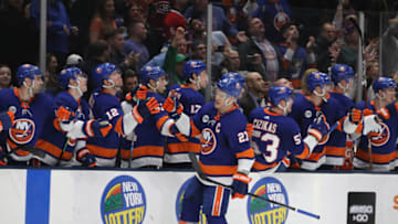 UNIONDALE, NEW YORK - MARCH 14: Anders Lee #27 of the New York Islanders celebrates his game winning goal against the Montreal Canadiens at NYCB Live's Nassau Coliseum on March 14, 2019 in Uniondale, New York. The Islanders defeated the Canadiens 2-1. (Photo by Bruce Bennett/Getty Images)