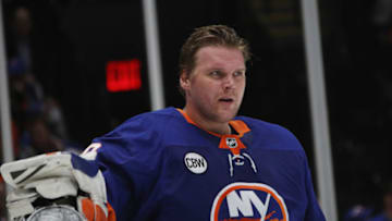 UNIONDALE, NEW YORK - APRIL 10: Robin Lehner #40 of the New York Islanders prepares to play against the Pittsburgh Penguins in Game One of the Eastern Conference First Round during the 2019 NHL Stanley Cup Playoffs at NYCB Live's Nassau Coliseum on April 10, 2019 in Uniondale, New York. The Islanders defeated the Penguins 4-3 in overtime. (Photo by Bruce Bennett/Getty Images)