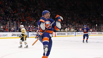 UNIONDALE, NEW YORK - APRIL 12: Anthony Beauvillier #18 of the New York Islanders celebrates his second period goal against the Pittsburgh Penguins in Game Two of the Eastern Conference First Round during the 2019 NHL Stanley Cup Playoffs at NYCB Live's Nassau Coliseum on April 12, 2019 in Uniondale, New York. (Photo by Bruce Bennett/Getty Images)
