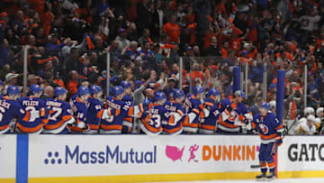UNIONDALE, NEW YORK - APRIL 12: Jordan Eberle #7 of the New York Islanders celebrates his game-winning goal against the Pittsburgh Penguins in Game Two of the Eastern Conference First Round during the 2019 NHL Stanley Cup Playoffs at NYCB Live's Nassau Coliseum on April 12, 2019 in Uniondale, New York. The Islanders defeated the Penguins 3-1. (Photo by Bruce Bennett/Getty Images)