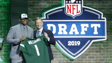 NASHVILLE, TN - APRIL 25: Quinnen Williams of Alabama with NFL commissioner Roger Goodell after being announced as the third overall pick in the first round of the NFL Draft by the New York Jets on April 25, 2019 in Nashville, Tennessee. (Photo by Joe Robbins/Getty Images)