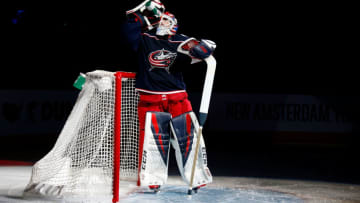 COLUMBUS, OH - MAY 2: Sergei Bobrovsky #72 of the Columbus Blue Jackets is spotlit before playing against the Boston Bruins in Game Four of the Eastern Conference Second Round during the 2019 NHL Stanley Cup Playoffs on May 2, 2019 at Nationwide Arena in Columbus, Ohio. (Photo by Kirk Irwin/Getty Images)