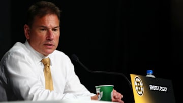 BOSTON, MASSACHUSETTS - MAY 27: Head coach Bruce Cassidy of the Boston Bruins speaks to the media following his teams 4-2 win over the St. Louis Blues in Game One of the 2019 NHL Stanley Cup Final at TD Garden on May 27, 2019 in Boston, Massachusetts. (Photo by Adam Glanzman/Getty Images)