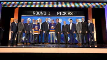 VANCOUVER, BRITISH COLUMBIA - JUNE 21: Simon Holmstrom reacts after being selected twenty-third overall by the New York Islanders during the first round of the 2019 NHL Draft at Rogers Arena on June 21, 2019 in Vancouver, Canada. (Photo by Bruce Bennett/Getty Images)