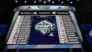 VANCOUVER, BRITISH COLUMBIA - JUNE 21: A detailed view of the Top 31 draft picks on the video board after the first round of the 2019 NHL Draft at Rogers Arena on June 21, 2019 in Vancouver, Canada. (Photo by Bruce Bennett/Getty Images)