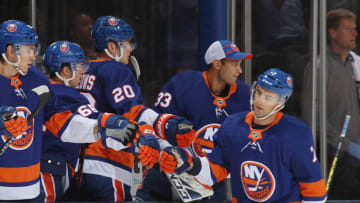 UNIONDALE, NEW YORK - SEPTEMBER 23: Jordan Eberle #7 of the New York Islanders celebrates his goal at 5:13 of the first period against the Detroit Red Wings at NYCB Live's Nassau Coliseum on September 23, 2019 in Uniondale, New York. (Photo by Bruce Bennett/Getty Images)
