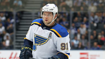 TORONTO, ON - OCTOBER 7: Vladimir Tarasenko #91 of the St. Louis Blues waits for a faceoff against the Toronto Maple Leafs during an NHL game at Scotiabank Arena on October 7, 2019 in Toronto, Ontario, Canada. The Blues defeated the Maple Leafs 3-2. (Photo by Claus Andersen/Getty Images)