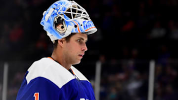 UNIONDALE, NEW YORK - OCTOBER 08: Thomas Greiss #1 of the New York Islanders looks on during their game against the Edmonton Oilers at the NYCB's LIVE Nassau Coliseum on October 08, 2019 in Uniondale, New York. (Photo by Emilee Chinn/Getty Images)