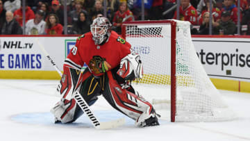 CHICAGO, ILLINOIS - OCTOBER 22: Robin Lehner #40 of the Chicago Blackhawks anticipates a shot during a game against the Vegas Golden Knights at the United Center on October 22, 2019 in Chicago, Illinois. (Photo by Stacy Revere/Getty Images)
