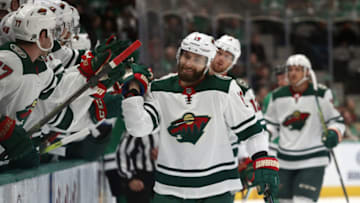 DALLAS, TEXAS - OCTOBER 29: Jason Zucker #16 of the Minnesota Wild celebrates his goal against the Dallas Stars in the first period at American Airlines Center on October 29, 2019 in Dallas, Texas. (Photo by Ronald Martinez/Getty Images)