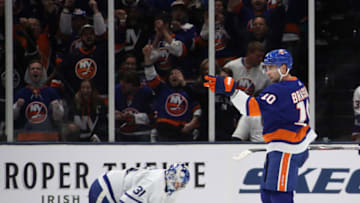 UNIONDALE, NEW YORK - NOVEMBER 13: Derick Brassard #10 of the New York Islanders celebrates his third period goal against Frederik Andersen #31 of the Toronto Maple Leafs at NYCB Live's Nassau Coliseum on November 13, 2019 in Uniondale, New York. The Islanders defeated the Maple Leafs 5-4. (Photo by Bruce Bennett/Getty Images)