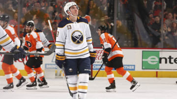 PHILADELPHIA, PA - DECEMBER 19: Jimmy Vesey #13 of the Buffalo Sabres reacts after the Philadelphia Flyers scored a goal in the second period at the Wells Fargo Center on December 19, 2019 in Philadelphia, Pennsylvania. (Photo by Mitchell Leff/Getty Images)
