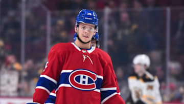 MONTREAL, QC - NOVEMBER 26: Jesperi Kotkaniemi #15 of the Montreal Canadiens looks on during the warm-up against the Boston Bruins at the Bell Centre on November 26, 2019 in Montreal, Canada. The Boston Bruins defeated the Montreal Canadiens 8-1. (Photo by Minas Panagiotakis/Getty Images)