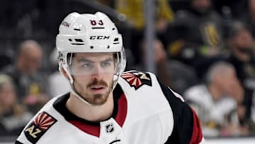 LAS VEGAS, NEVADA - NOVEMBER 29: Conor Garland #83 of the Arizona Coyotes waits for a faceoff in the third period of a game against the Vegas Golden Knights at T-Mobile Arena on November 29, 2019 in Las Vegas, Nevada. The Golden Knights defeated the Coyotes 2-1 in a shootout. (Photo by Ethan Miller/Getty Images)