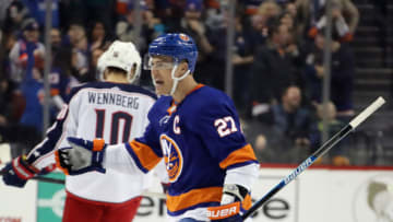 NEW YORK, NEW YORK - NOVEMBER 30: Anders Lee #27 of the New York Islanders celebrates his goal at 1:18 of the first period against the Columbus Blue Jackets at the Barclays Center on November 30, 2019 in the Brooklyn borough of New York City. (Photo by Bruce Bennett/Getty Images)