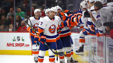 DETROIT, MICHIGAN - DECEMBER 02: Jordan Eberle #7 of the New York Islanders celebrates his third period goal with teammates while playing the Detroit Red Wings at Little Caesars Arena on December 02, 2019 in Detroit, Michigan. New York won the game 4-1. (Photo by Gregory Shamus/Getty Images)