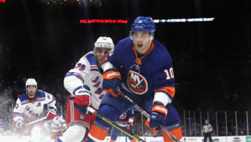 UNIONDALE, NEW YORK - JANUARY 16: Derick Brassard #10 of the New York Islanders skates against the New York Rangers at NYCB Live's Nassau Coliseum on January 16, 2020 in Uniondale, New York. The Rangers defeated the Islanders 2-1. (Photo by Bruce Bennett/Getty Images)