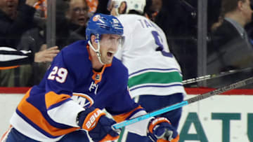 NEW YORK, NEW YORK - FEBRUARY 01: Brock Nelson #29 of the New York Islanders scores to tie the score at 3-3 at 19:34 of the third period against the Vancouver Canucks at the Barclays Center on February 01, 2020 in the Brooklyn borough of New York City. The Canucks defeated the Islanders 4-3 in overtime. (Photo by Bruce Bennett/Getty Images)