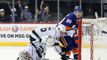 NEW YORK, NEW YORK - FEBRUARY 06: Kieffer Bellows #20 of the New York Islanders scores his first NHL goal against Jonathan Quick #32 of the Los Angeles Kings at 10:22 of the second period at the Barclays Center on February 06, 2020 in the Brooklyn borough of New York City. (Photo by Bruce Bennett/Getty Images)
