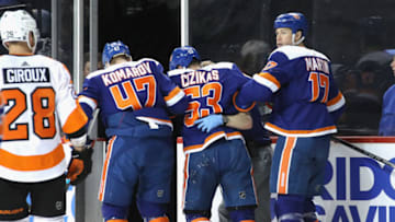NEW YORK, NEW YORK - FEBRUARY 11: Casey Cizikas #53 of the New York Islanders leaves the ice following a first period injury against the Philadelphia Flyers at the Barclays Center on February 11, 2020 in the Brooklyn borough of New York City. (Photo by Bruce Bennett/Getty Images)