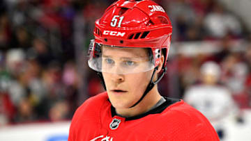 RALEIGH, NORTH CAROLINA - FEBRUARY 16: Jake Gardiner #51 of the Carolina Hurricanes skates against the Edmonton Oilers during the second period of their game against the Edmonton Oilers at PNC Arena on February 16, 2020 in Raleigh, North Carolina. (Photo by Grant Halverson/Getty Images)