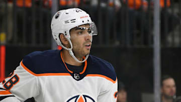 LAS VEGAS, NEVADA - FEBRUARY 26: Andreas Athanasiou #28 of the Edmonton Oilers skates against the Vegas Golden Knights in the first period of their game at T-Mobile Arena on February 26, 2020 in Las Vegas, Nevada. The Golden Knights defeated the Oilers 3-0. (Photo by Ethan Miller/Getty Images)