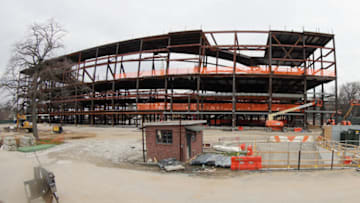 ELMONT, NY - APRIL 05: The New York Islanders future home adjacent to Belmont Racetrack has suspended construction during the coronavirus pandemic. The arena was photographed on April 5, 2020 in Elmont, New York. (Photo by Bruce Bennett/Getty Images)