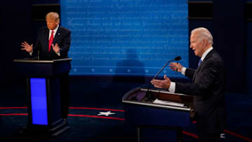 NASHVILLE, TENNESSEE - OCTOBER 22: Democratic presidential candidate former Vice President Joe Biden answers a question as President Donald Trump listens during the second and final presidential debate at Belmont University on October 22, 2020 in Nashville, Tennessee. This is the last debate between the two candidates before the election on November 3. (Photo by Morry Gash-Pool/Getty Images)