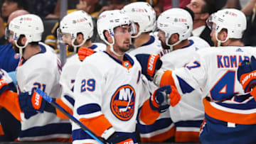 BOSTON, MA - JUNE 7: Brock Nelson #29 of the New York Islanders reacts after scoring in the third period in Game Five of the Second Round of the 2021 Stanley Cup Playoffs against the Boston Bruins at TD Garden on June 7, 2021 in Boston, Massachusetts. (Photo by Adam Glanzman/Getty Images)