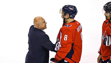 TORONTO, ONTARIO - AUGUST 20: Head coach Barry Trotz of the New York Islanders shakes hands with Alex Ovechkin #8 of the Washington Capitals after their 2-0 victory in Game Five to win the Eastern Conference First Round during the 2020 NHL Stanley Cup Playoffs at Scotiabank Arena on August 20, 2020 in Toronto, Ontario. (Photo by Elsa/Getty Images)