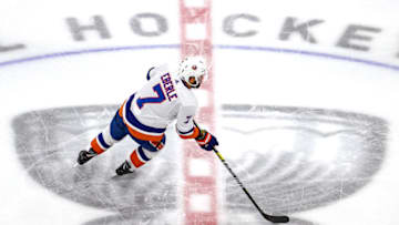 EDMONTON, ALBERTA - SEPTEMBER 09: Jordan Eberle #7 of the New York Islanders skates with the puck against the Tampa Bay Lightning during the first period at Rogers Place on September 09, 2020 in Edmonton, Alberta. (Photo by Bruce Bennett/Getty Images)