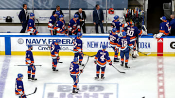 EDMONTON, ALBERTA - SEPTEMBER 13: The New York Islanders leave the ice after their 4-1 defeat to the Tampa Bay Lightning in Game Four of the Eastern Conference Final during the 2020 NHL Stanley Cup Playoffs at Rogers Place on September 13, 2020 in Edmonton, Alberta, Canada. (Photo by Bruce Bennett/Getty Images)