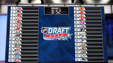 SECAUCUS, NEW JERSEY - OCTOBER 06: 2020 NHL Draft board is seen prior to the start of the first round of the 2020 National Hockey League (NHL) Draft at the NHL Network Studio on October 06, 2020 in Secaucus, New Jersey. (Photo by Mike Stobe/Getty Images)
