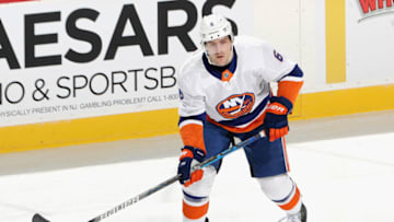 NEWARK, NEW JERSEY - JANUARY 24: Ryan Pulock #6 of the New York Islanders skates against the New Jersey Devils at the Prudential Center on January 24, 2021 in Newark, New Jersey. (Photo by Bruce Bennett/Getty Images)
