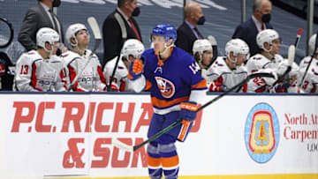 UNIONDALE, NEW YORK - APRIL 01: Mathew Barzal #13 of the New York Islanders celebrates his goal against the Washington Capitals at 16:09 of the first period at the Nassau Coliseum on April 01, 2021 in Uniondale, New York. (Photo by Bruce Bennett/Getty Images)