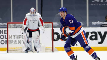 UNIONDALE, NEW YORK - APRIL 01: Mathew Barzal #13 of the New York Islanders celebrates his goal against Vitek Vanecek #41 of the Washington Capitals at 16:09 of the first period at the Nassau Coliseum on April 01, 2021 in Uniondale, New York. (Photo by Bruce Bennett/Getty Images)
