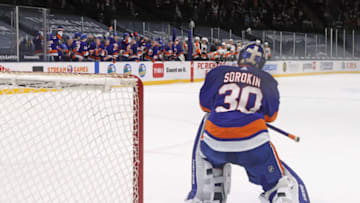 UNIONDALE, NEW YORK - APRIL 03: Ilya Sorokin #30 of the New York Islanders celebrates the shootout win over the Philadelphia Flyers at the Nassau Coliseum on April 03, 2021 in Uniondale, New York. The Islanders defeated the Flyers 3-2 in the shootout. (Photo by Bruce Bennett/Getty Images)
