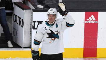 LAS VEGAS, NEVADA - APRIL 19: Patrick Marleau #12 of the San Jose Sharks waves as he is honored as he plays in his 1,768th NHL game during a break in the first period against the Vegas Golden Knights at T-Mobile Arena on April 19, 2021 in Las Vegas, Nevada. With this game, Marleau breaks Gordie Howe's record of 1,767 career NHL games played. (Photo by Ethan Miller/Getty Images)