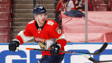 SUNRISE, FL - APRIL 19: Sam Bennett #9 of the Florida Panthers looks back towards the Columbus Blue Jackets net at the BB&T Center on April 19, 2021 in Sunrise, Florida. (Photo by Joel Auerbach/Getty Images)