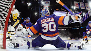 UNIONDALE, NEW YORK - MAY 26: Ilya Sorokin #30 of the New York Islanders skates against the Pittsburgh Penguins in Game Six of the First Round of the 2021 Stanley Cup Playoffs at the Nassau Coliseum on May 26, 2021 in Uniondale, New York. (Photo by Bruce Bennett/Getty Images)