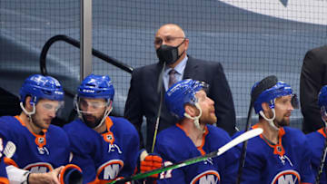 UNIONDALE, NEW YORK - JUNE 05: Head coach Barry Trotz of the New York Islanders handles bench duties against the Boston Bruins in Game Four of the Second Round of the 2021 NHL Stanley Cup Playoffs at the Nassau Coliseum on June 05, 2021 in Uniondale, New York. (Photo by Bruce Bennett/Getty Images)