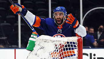 UNIONDALE, NEW YORK - JUNE 09: Kyle Palmieri #21 of the New York Islanders scores at 16:07 of the second period against Tuukka Rask #40 of the Boston Bruins in Game Six of the Second Round of the 2021 NHL Stanley Cup Playoffs at the Nassau Coliseum on June 09, 2021 in Uniondale, New York. (Photo by Bruce Bennett/Getty Images)