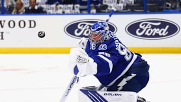 TAMPA, FLORIDA - JUNE 13: Andrei Vasilevskiy #88 of the Tampa Bay Lightning skates in warm-ups prior to the game against the Tampa Bay Lightning in Game One of the Stanley Cup Semifinals during the 2021 Stanley Cup Playoffs at the Amalie Arena on June 13, 2021 in Tampa, Florida. The Islanders defeated the Lightning 2-1. (Photo by Bruce Bennett/Getty Images)
