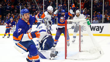 UNIONDALE, NEW YORK - JUNE 19: Matt Martin #17 of the New York Islanders celebrates after scoring against the Tampa Bay Lightning during the second period in Game Four of the Stanley Cup Semifinals during the 2021 Stanley Cup Playoffs at Nassau Coliseum on June 19, 2021 in Uniondale, New York. (Photo by Rich Graessle/Getty Images)